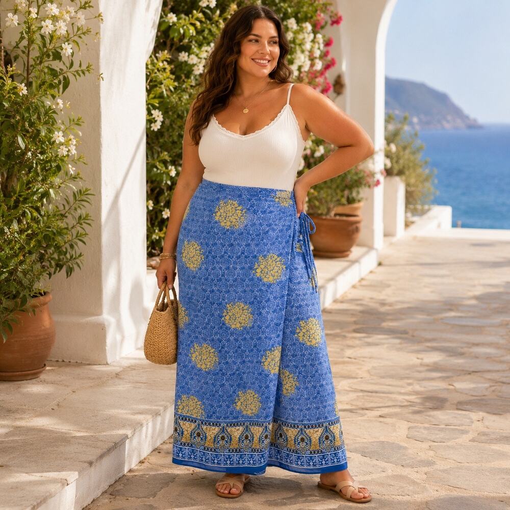 Jonathan Martin Wrap Maxi Skirt Sz L Y2K Boho Euro Summer Resort Blue Medallion